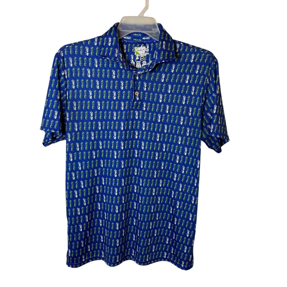 Tailor Byrd Pineapple Print Polo Shirt Mens Medium Blue Golf Stretch Quick Dry